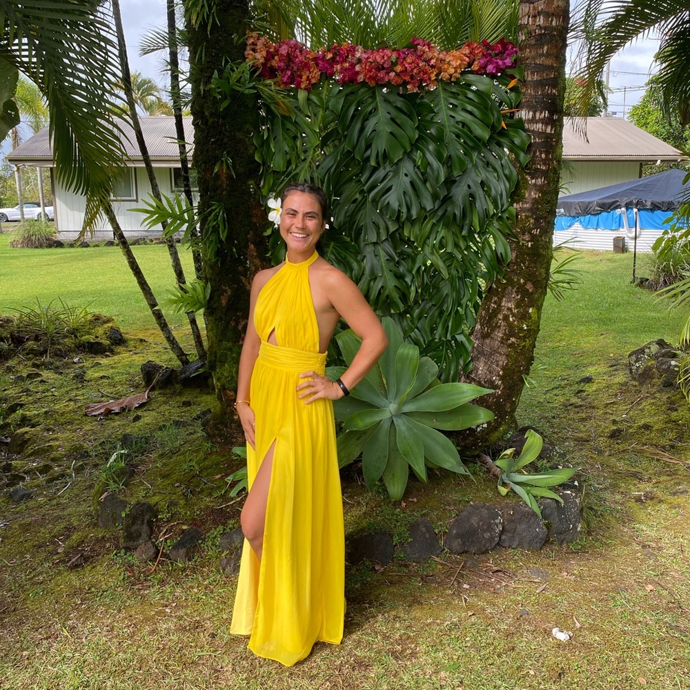 Gorgeous yellow, backless, halter bridesmaids dress with sexy leg slit!
